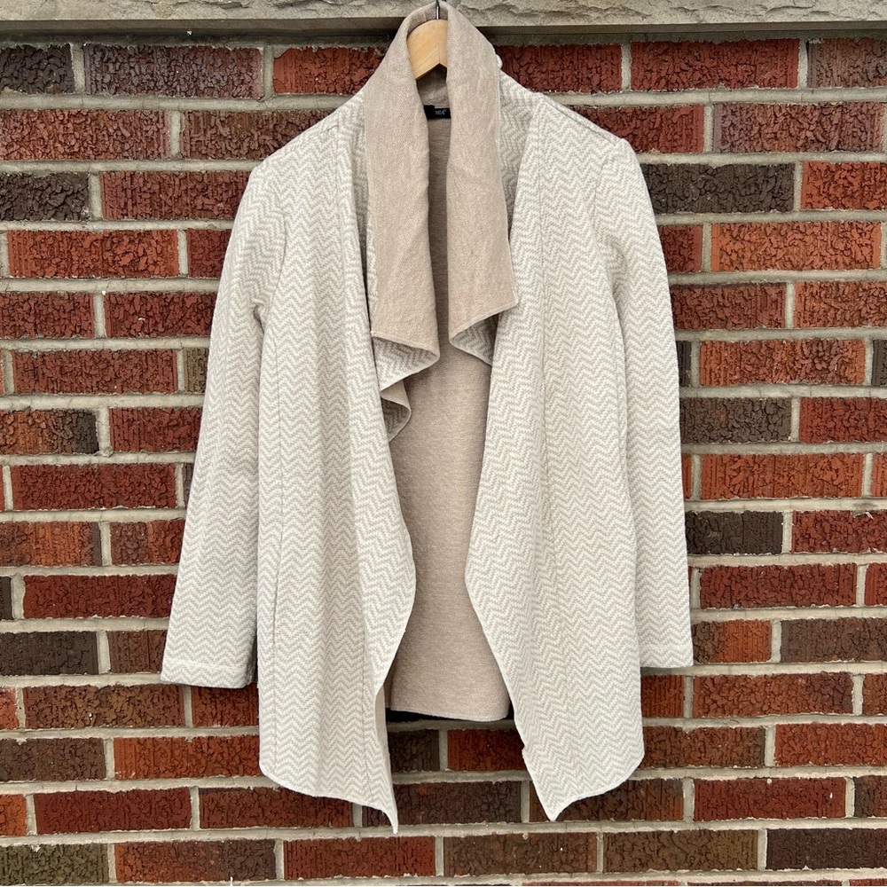 For Cynthia Beige and Tan Chevron Striped Chunky Knit Sweater Cardigan
